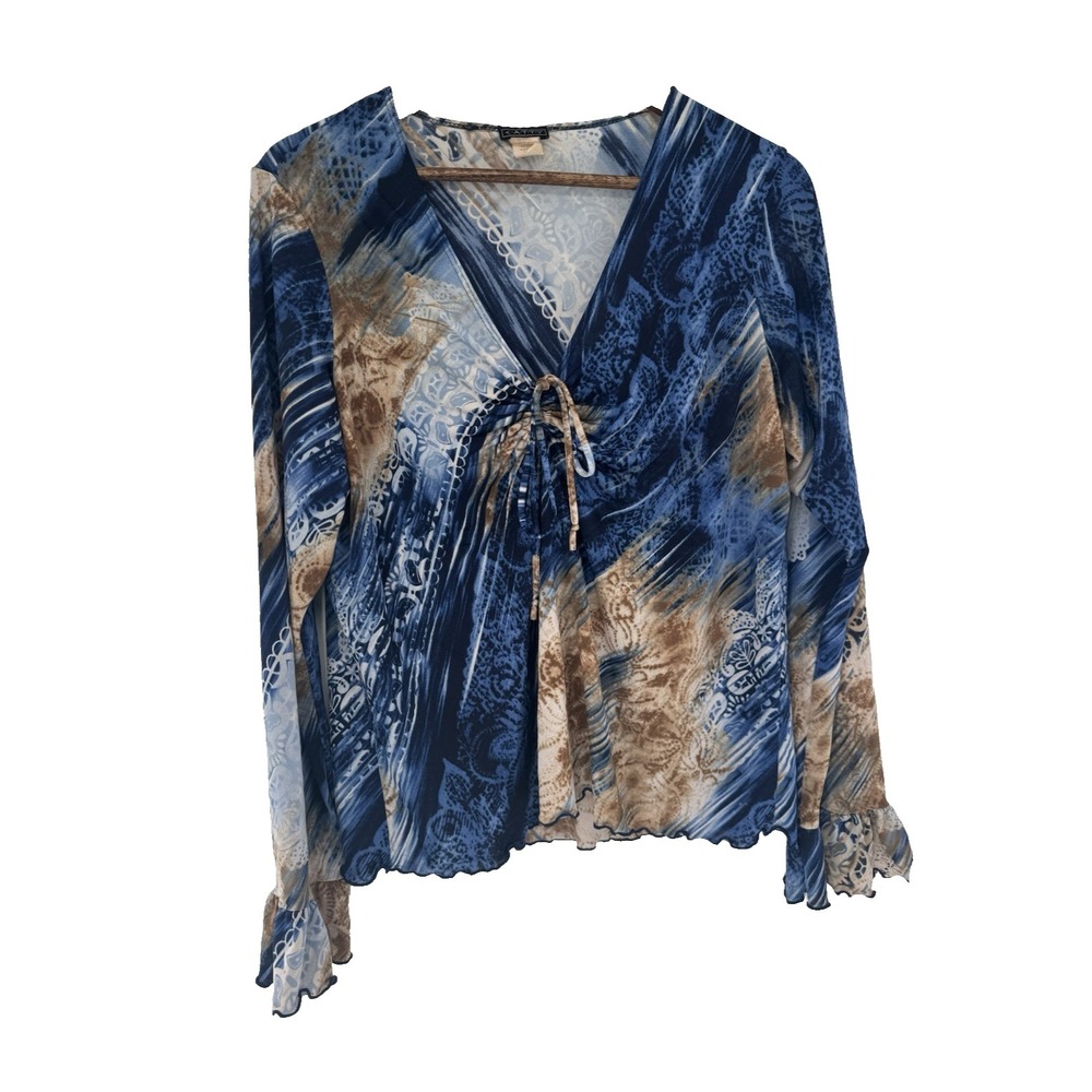 Catty Y2K Blouse Vintage Gold Blue Lace up bell sleeve babydoll lettuce hem
